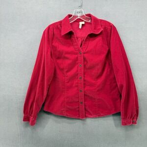 St Johns Bay Womens Red Corduroy Button Up Shirt Long Sleeve Size M Cotton